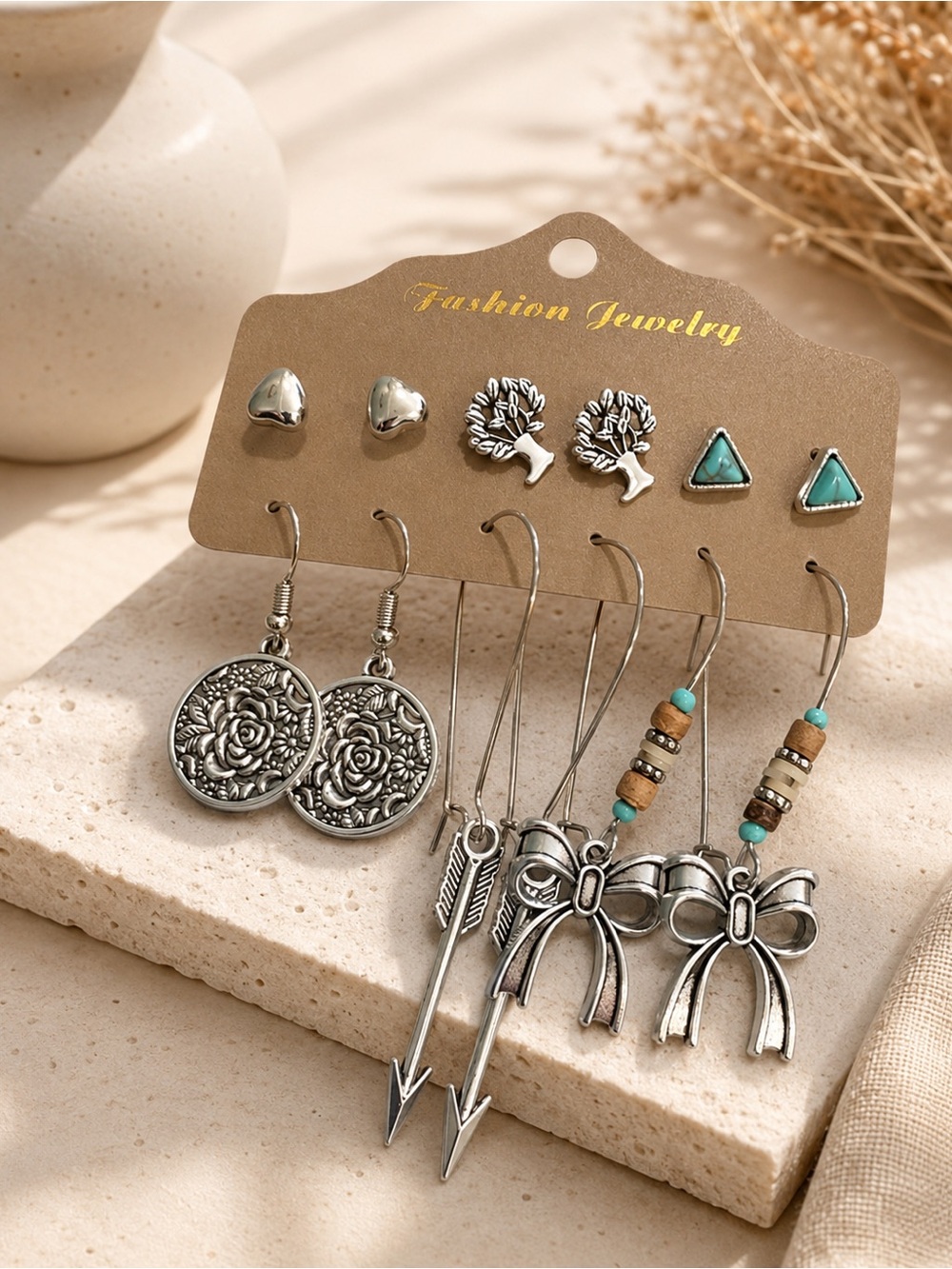Silver-Tone Mixed Earring Set with Turquoise Accents - Fashion Jewelry